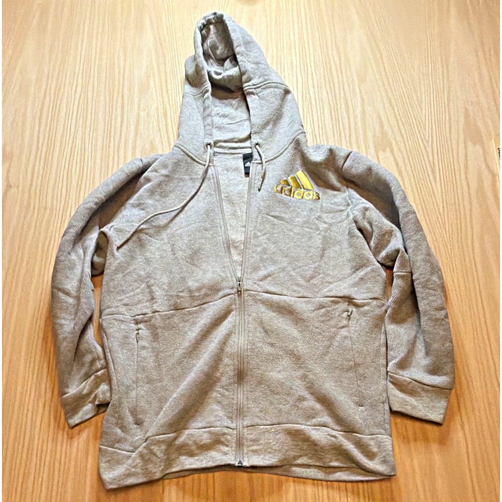 adidas Mens Gray Solid Fleece Cotton Blend Full Zip Hoodie Gold Logo L